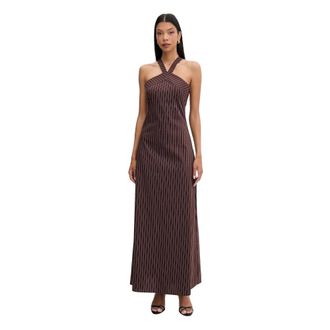 Patrizia Pepe Kleedjes, Dames, Bruin, XS, Katoen, Maxi jurk met krijtstreeppatroon