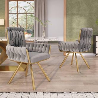 Merax Set of 2 Velvet Swivel Dining Chair with Arms & Backrest in Grey