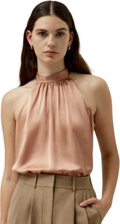 LilySilk Womens Pure Silk Shirt Ladies Sleeveless Halter Neck Blouse Top with Pleated Design for Extra Texture and Sophistication(Quartz Rose,L)