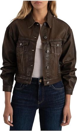 Kut from the Kloth Emrie - Coated Long Sleeve Denim Jacket Womens Coat Chocolate : XL, Cotton