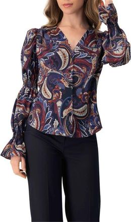 Ivonne V-Neck Printed Shirt With Smocked Sleeves in Multi-Brown at Nordstrom, Size 14