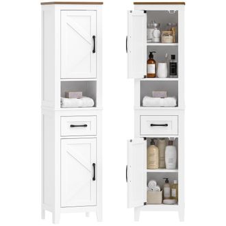 HOMCOM Armario De Ba&ntilde;o Alto Y Estrecho R&uacute;stico Con Caj&oacute;n Estante Abierto Puertas Y Estantes Ajustables 34,5x30x148 Cm Blanco