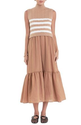 English Factory Mixed Media Tiered Midi Dress in Camel/White at Nordstrom, Size Medium