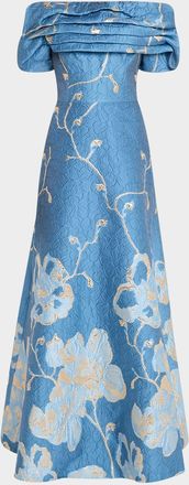 Teri Jon Off-Shoulder Metallic Jacquard Gown