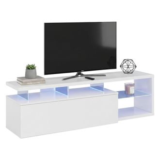 Dmora Dmora Mueble Tv Para Sal&oacute;n Con Puerta Abatible Y Baldas De Cristal Con Luz Led Azul, Color Blanco, 150 X 43 X 41 Cm., Con Embalaje Reforzado