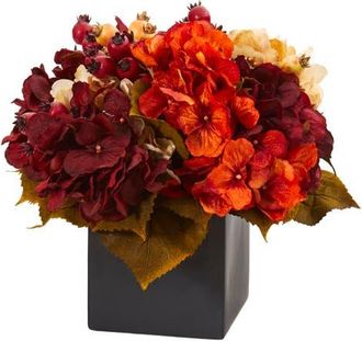 Nearly Natural 12-in Autumn Hydrangea Berry Artificial Arrangement in Black Vase in Burgundy at Nordstrom