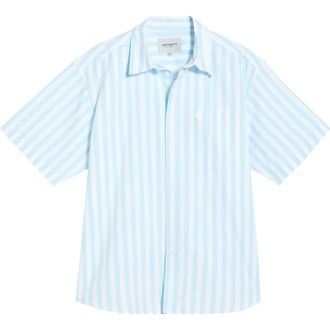 Carhartt Work in Progress Royce Stripe Short Sleeve Button-Up Shirt in Royce Stripe, Icaria /White at Nordstrom, Size Xx-Large