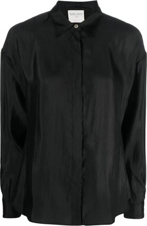 Forte_Forte Elegante Lange Mouw Zwarte Zijden Blouse - Dames - Overhemden - Zwart - XL - Nylon - Overhemden