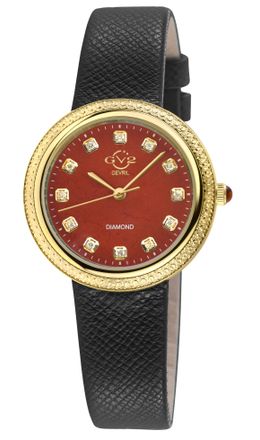 Gevril Group GV2 Arezzo Womens Diamond Watch, IPYG Case, Red Jasper Dial, Genuine Italian Handmade Red Leather Strap - Black