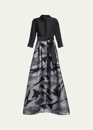 Teri Jon Taffeta & Metallic Organza Shirtwaist Gown
