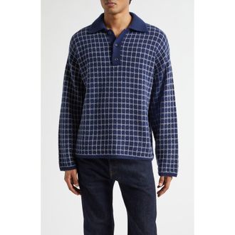 The Elder Statesman Dume Grid Cashmere Rugby Sweater in Silver Grid/Navy at Nordstrom, Size X-Large