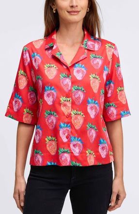 Foxcroft Quinn Strawberry Print Contrast Cuff Cotton Button-Up Shirt in Multi at Nordstrom, Size 3X