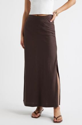 Open Edit Linen Blend Column Maxi Skirt in Brown Seal at Nordstrom, Size Xx-Small