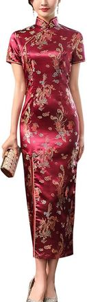 Generic Deluxe Sleeveless Cheongsam Costume Mandarin Collar Side High Split Chinese Traditional Party Cocktail Bodycon Outfit, 13-wine Red, L