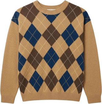 Dunst Argyle Crew Neck Sweater - Heren - Ronde hals truien - Beige - L - Wol - Truien & Vesten