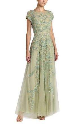 Mac Duggal Floral Embellished Short Sleeve Mesh Gown in Sage at Nordstrom, Size 16