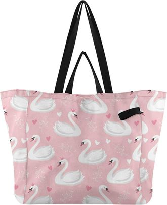 Generic Swans Pink pattern Reusable Canvas Tote Bag, Heavy Duty Grocery Shopping Bag with Hard Bottom Large Capacity Double Handles Work Groceries Travel