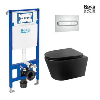 Roca Bastidor Roca Duplo Pack Cisterna Empotrada Y Pulsador Pl1 Cromo Brillo Con Inodoro Suspendido Rimless Lia Negro De Azulbath