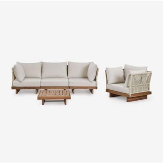 Sklum Conjunto De Jard&iacute;n Con Sof&aacute; Modular De 3 Piezas Con 2 Sillones Esquineros, Mesa De Centro Y Sill&oacute;n En Madera De Acacia Dailin Sklum