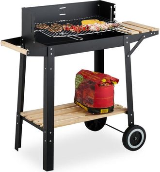 Relaxdays Relaxdays Barbecue Carbonella con Ruote, Griglia Regolabile con Paravento, 2 Ripiani, HLP 80,5x86x42 cm, Acciaio, Legno