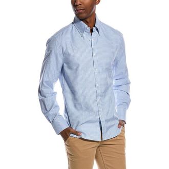 Brunello Cucinelli MenS White Blue Checked Cotton Lyocell Shirt, Size XS