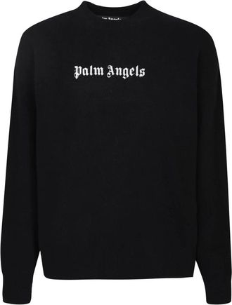 Palm Angels Merino Wool Blend Sweater - Heren - Ronde hals truien - Zwart - M - Wol - Truien & Vesten