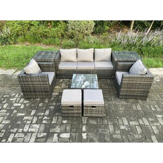 Fimous Fimous Wicker 8 Pieces Rattan Garden Furniture Sofa Set with Armchair 2 Side Tables Square Coffee Table 2 Small Footstools Dark Grey Mixed