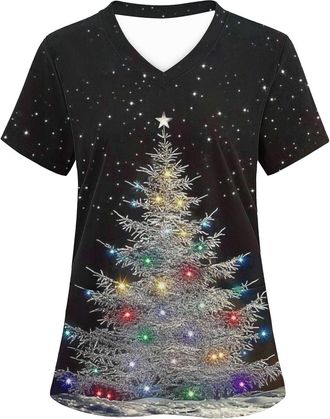 Generic Christmas Jumpers for Women Funny Christmas Tree Print Tunic Tops V Neck Short Sleeve Uniform Tops Ladies Plus Size Jumpers Xmas Soft Comfort Workwear