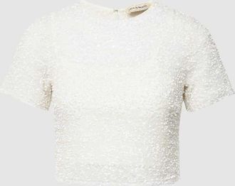 Lace & Beads Cropped T-Shirt mit Strasssteinbesatz in Offwhite, Gr&ouml;&szlig;e XXS