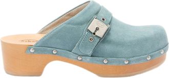Scholl Light Blue Suede Clogs With Silver Buckle And Wooden Base