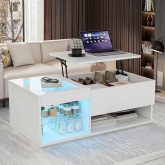 OEM Mesa De Centro Elevable - Blanco Moderno - Tapa De Vidrio Templado - Iluminaci&oacute;n Led Rgb - Almacenamiento Integrado