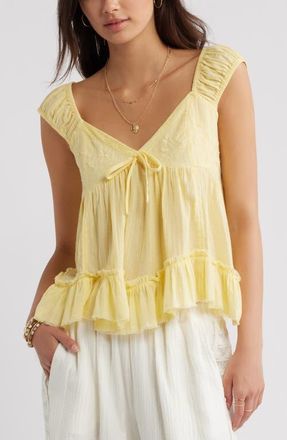 BP. Cap Sleeve Cotton Babydoll Top in Yellow Begonia at Nordstrom, Size Small
