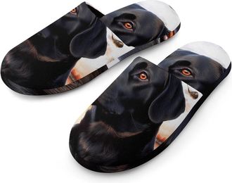 Generic Black Labrador Duck Hunting Sunset Flannel Mens Slip-on Slippers Winter Warm House Shoes with Rubber Sole for Home Hotel