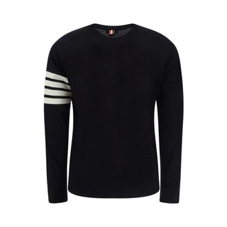 Thom Browne Round-neck Knitwear, male, Blue, Size: 2XL Four Bar Long Sleeve Crewneck Sweater