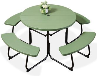 Best Choice Products 8-Person Circular Outdoor Picnic Table w/ 4 Benches, Umbrella Hole, 2000lb Capacity
