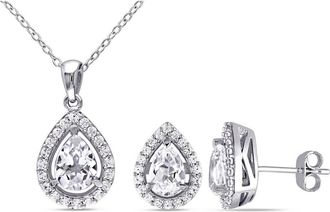 Amour 4 7/8 CT TGW Created White Sapphire Teardrop Halo Pendant with Chain and Stud Earrings 2-piece Set In Sterling Silver