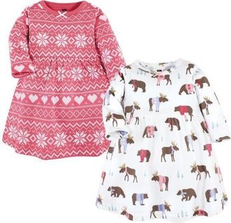 Hudson Baby Twin Pack Long-Sleeve Dress Bundle in Pink Moose Bear at Nordstrom, Size 18-24M