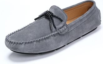 Generic Mens Loafers Shoe PU Suede Vamp Stitching Details Bow Round Toe Flat Heel Flexible Lightweight Prom Party Slip-ons(Grey,7.5 UK)