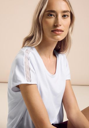 Street One Spitzentop STREET ONE, Damen, Gr. 42, weiss (wei&szlig;), Jersey, Obermaterial: 95% Viskose, 5% Elasthan, unifarben, regular fit taillenbedeckt, V-Ausschnit