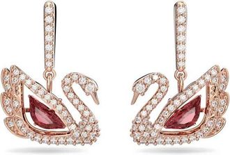Swarovski Swan Drop Earrings Swan, Red, 18K Rose Gold Finish