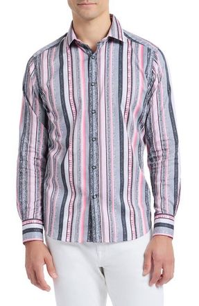 Robert Graham Bramshaw Mixed Stripe Stretch Cotton Button-Up Shirt in Pink Multi at Nordstrom, Size Xxx-Large