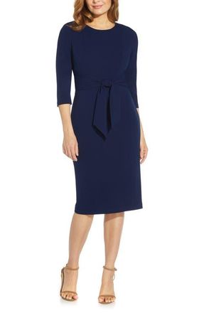 Adrianna Papell Tie Waist Crepe Sheath Dress in Navy Sateen at Nordstrom, Size 10