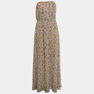 Elisabetta Franchi Beige Abstract Print Chiffon Strapless Maxi Dress