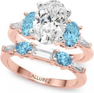 Allurez Oval Lab Grown Diamond & Blue Topaz Bridal Set 14K Rose Gold (4.97ct)