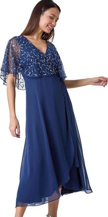 Roman Womens Sequin Embellished Chiffon Wrap Maxi Dress - Blue - Size 12 UK