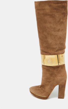 Sergio Rossi Light Brown Suede Metal Cuff Platform Knee Length Boots