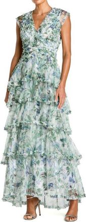 Mac Duggal Floral V Neck Tiered Ruffle Maxi Dress in Blue Multi at Nordstrom, Size 2