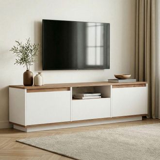 Dmora Unidad Para Tv Morrigan, Un Estante, 4 Compartimentos, 3 Puertas, 160x30x42h Cm Blanco