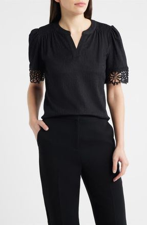Anne Klein Lace Trim Crinkle Top in Anne Black at Nordstrom, Size Xx-Small