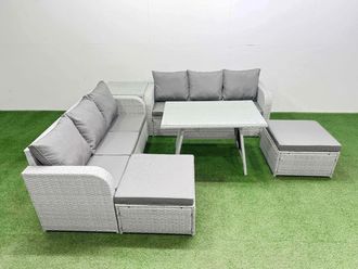 Fimous Rattan High Back Lounge Sofa Set with 3 Seater Sofa Side Table 2 Stool in Light Grey